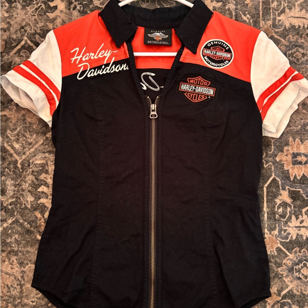 Harley-Davidson Women's Black and Orange mechanic top